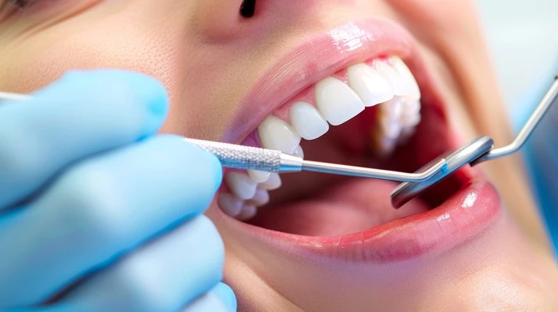 Controllo dei denti con specchietto e sonda durante una seduta di igiene nello studio dentistico a Pomezia